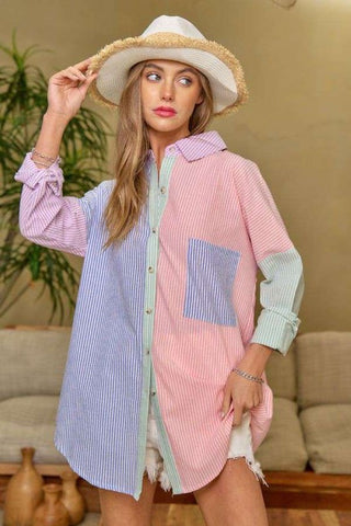 Multi Color Striped Button Down Shirt-MODE-Couture-Boutique-Womens-Clothing