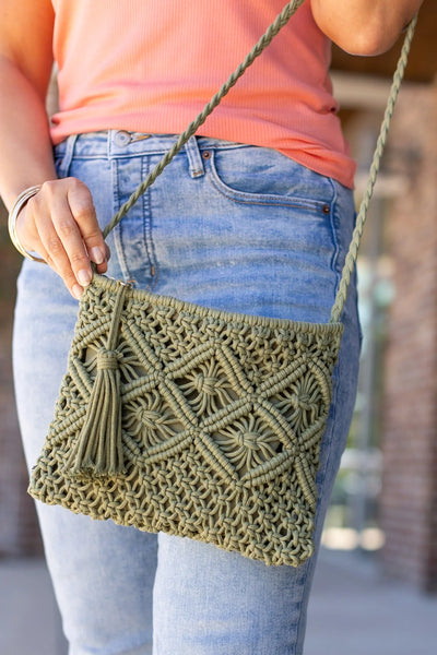 CROCHET ZIPPER BAG IN OLIVE-BAGS-MODE-Couture-Boutique-Womens-Clothing