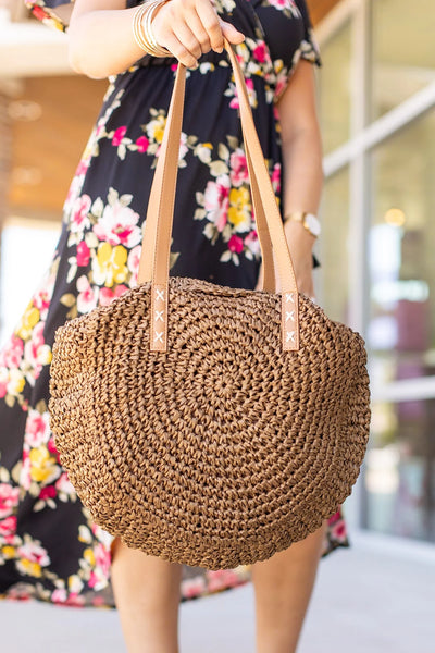 ROUND SOFT WICKER BAG IN BROWN-BAGS-MODE-Couture-Boutique-Womens-Clothing