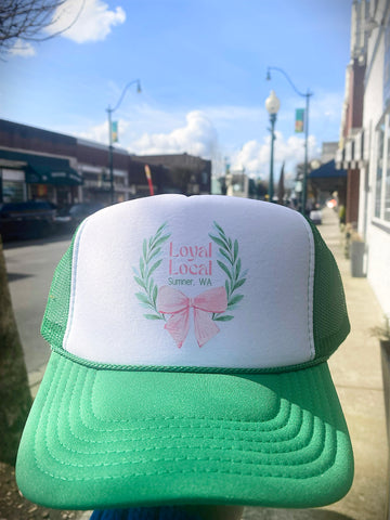 SUMNER LOYAL LOCAL TRUCKER HAT IN WHITE & GREEN-MODE-Couture-Boutique-Womens-Clothing