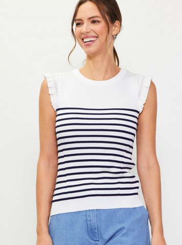 SHANNA STRIPED RUFFLE SLEEVE KNIT TOP IN NAVY COMBO