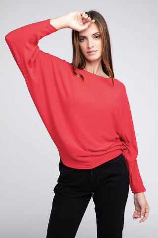 Ribbed Batwing Long Sleeve Boat Neck Sweater-MODE-Couture-Boutique-Womens-Clothing