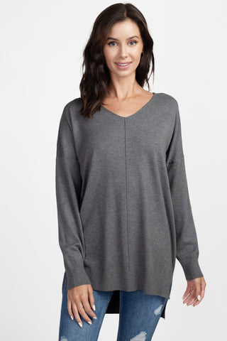 BROOKLYNN FRONT SEAM HI-LOW SWEATER IN HEATHER GRAY-Sweaters-MODE-Couture-Boutique-Womens-Clothing