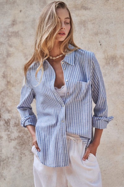 COASTAL CHIC STRIPE BUTTON DOWN LINEN SHIRT IN BLUE-Shirts & Tops-MODE-Couture-Boutique-Womens-Clothing