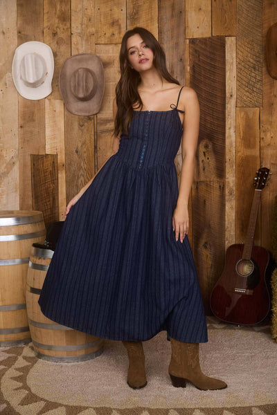DAKOTA STRIPE MIDI DRESS IN DENIM-Dresses-MODE-Couture-Boutique-Womens-Clothing