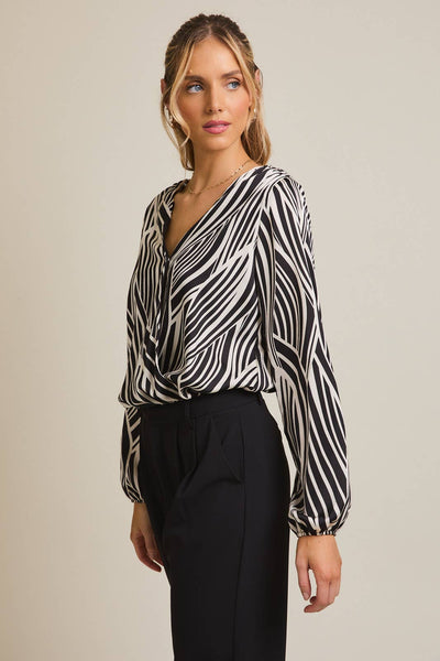 JALISA ABSTRACT SURPLICE BODYSUIT IN WHITE/BLACK-bodysuits-MODE-Couture-Boutique-Womens-Clothing