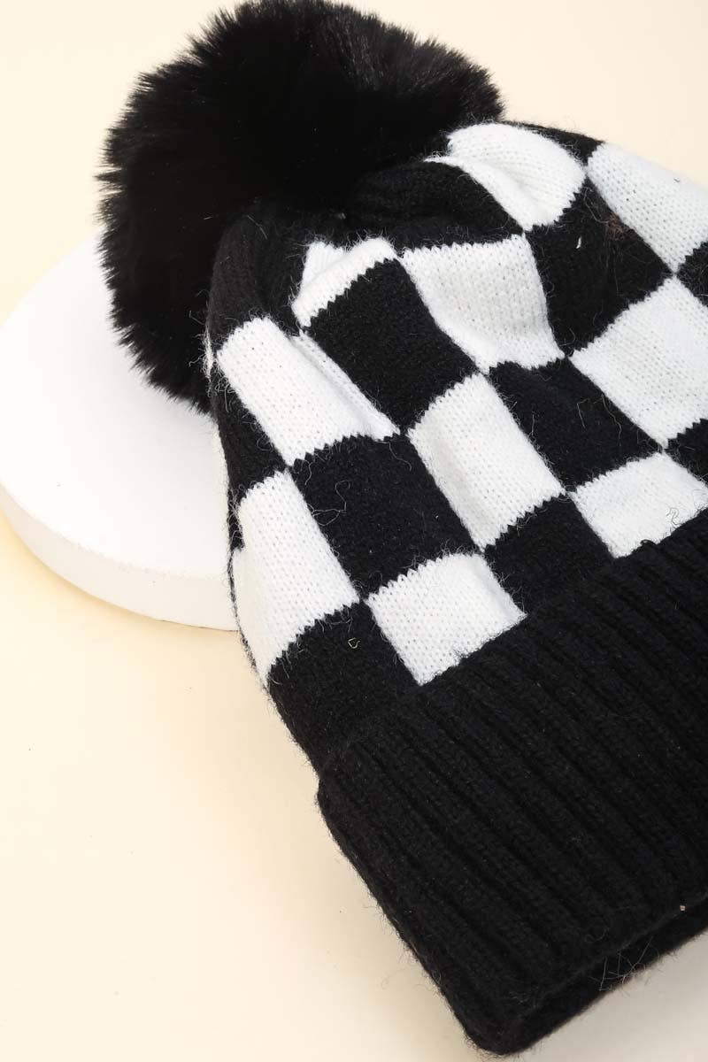 CHECKERED PATTERN POM BEANIE (MULTI)-hat-MODE-Couture-Boutique-Womens-Clothing