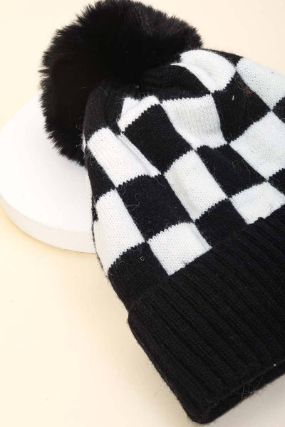 CHECKERED PATTERN POM BEANIE (MULTI)-hat-MODE-Couture-Boutique-Womens-Clothing