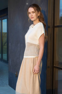 COLORBLOCK SHORT SLEEVE SWEATER TOP IN TAUPE MULTI-KNIT TOP-MODE-Couture-Boutique-Womens-Clothing
