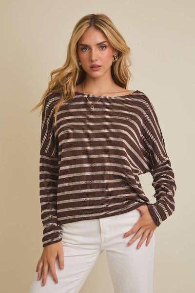 CAMDEN STRIPE KNIT TOP IN BROWN/CREAM-Tops-MODE-Couture-Boutique-Womens-Clothing