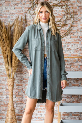 DRIVE ME CRAZY CHAMBRAY BUTTON DOWN SHIRT DRESS IN OLIVE-Shirts & Tops-MODE-Couture-Boutique-Womens-Clothing