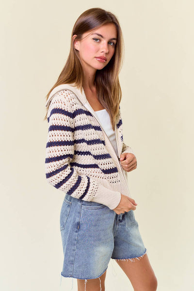 Zip-Up Striped Pointelle Open Knit Sweater Jacket-MODE-Couture-Boutique-Womens-Clothing