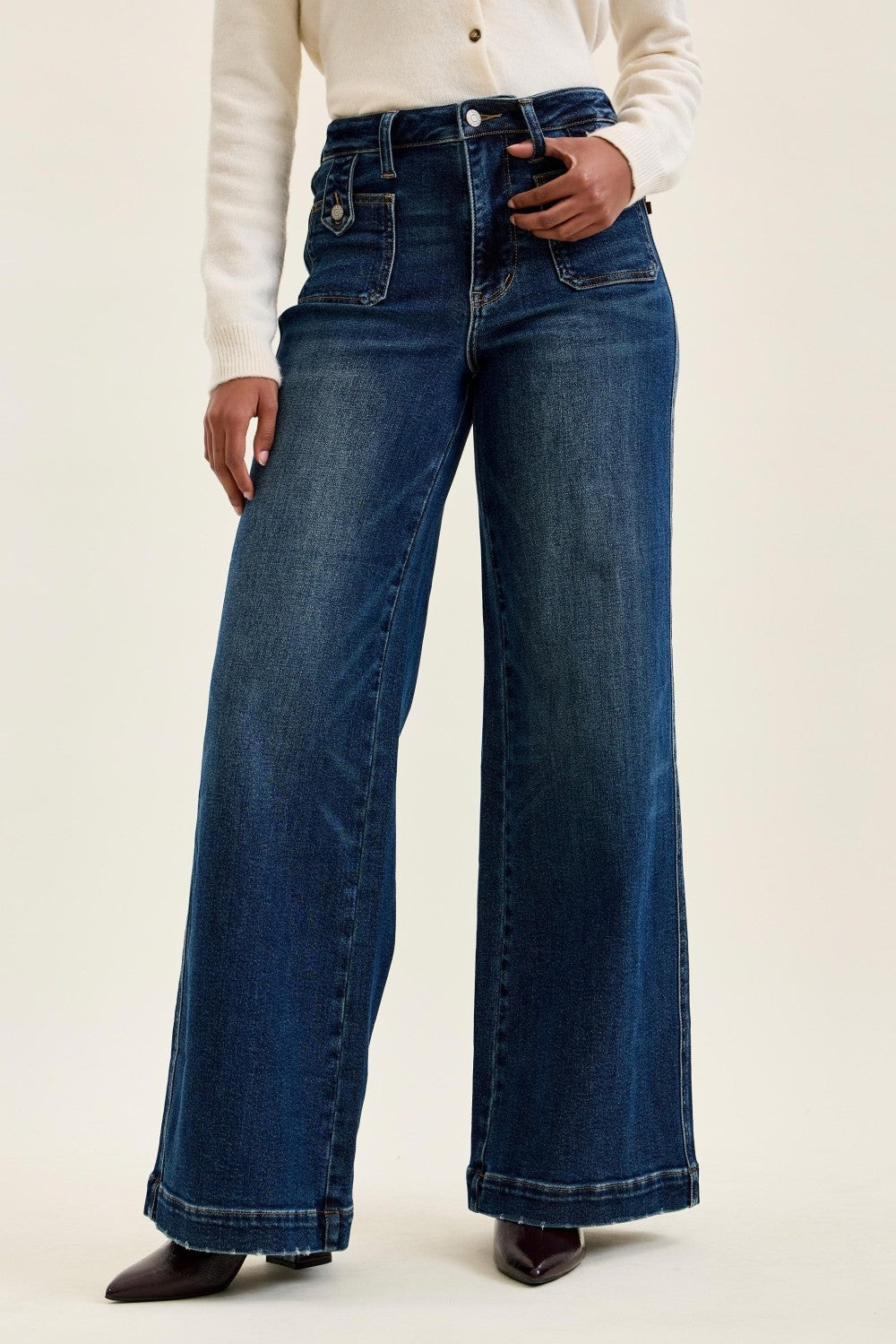 LUX RETRO HIGH RISE WITH FRONT PATCH JEANS IN DARK INDIGO