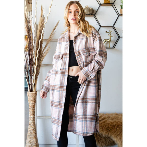 SNOWY NIGHT WOOL MIX PLAID CHECKER LONGLINE FLANNEL JACKET IN PINK-MODE-Couture-Boutique-Womens-Clothing