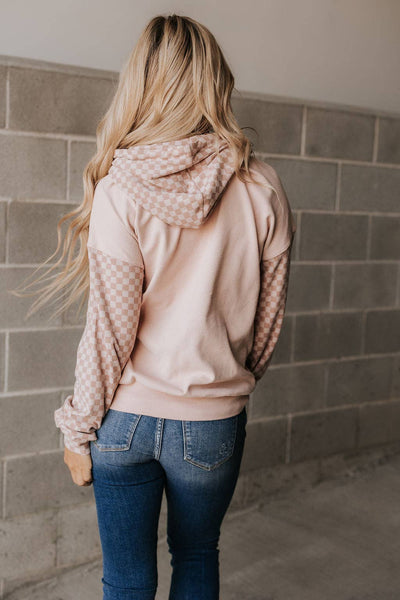PERFORMANCE FLEECE CHECKERED UNIVERSITY HOODIE IN PINK-pullover sweatshirt-MODE-Couture-Boutique-Womens-Clothing