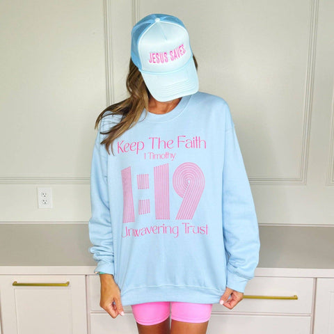 KEEP THE FAITH GRAPHIC SWEATSHIRT IN LIGHT BLUE-MODE-Couture-Boutique-Womens-Clothing