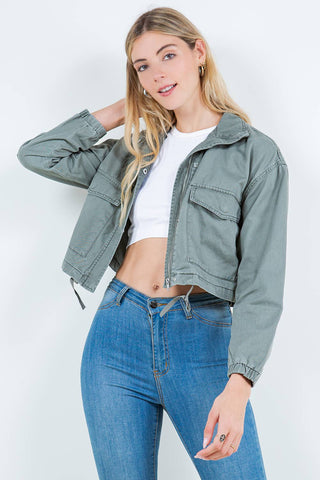 CROPPED UTILITY CARGO TWILL JACKET IN OLIVE-Jacket-MODE-Couture-Boutique-Womens-Clothing