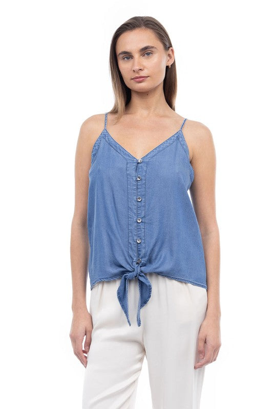 MISTI BUTTON DOWN TIED CAMI TOP IN DENIM-tank top-MODE-Couture-Boutique-Womens-Clothing