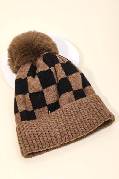 CHECKERED PATTERN POM BEANIE (MULTI)-hat-MODE-Couture-Boutique-Womens-Clothing