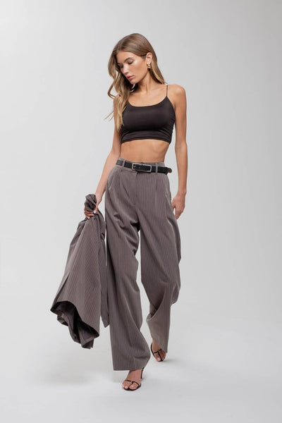 FIERCE & FUN PINSTRIPE WIDE LEG PLEATED PANTS IN GREY-wide leg pant-MODE-Couture-Boutique-Womens-Clothing