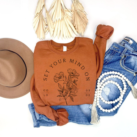 Things Above Christian Fall Crewneck Sweatshirt Bible Verse Texas Orange-MODE-Couture-Boutique-Womens-Clothing