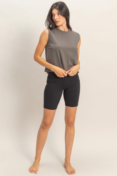 IN ANOTHER WORLD SLEEVELESS BACK PLEATS CREW NECK TOP IN CHARCOAL-Tops-MODE-Couture-Boutique-Womens-Clothing