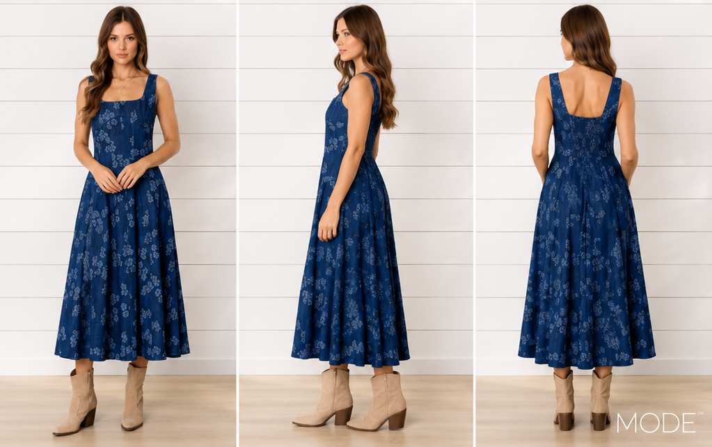 VINEYARD CRUSH FLORAL JACQUARD CORSET DETAIL MINI DRESS IN DENIM-Dress-MODE-Couture-Boutique-Womens-Clothing