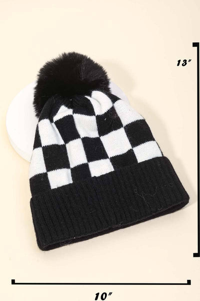 CHECKERED PATTERN POM BEANIE (MULTI)-hat-MODE-Couture-Boutique-Womens-Clothing