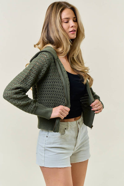 Zip-Up Pointelle Open Knit Sweater Jacket In Olive-Zip-Up Sweater-MODE-Couture-Boutique-Womens-Clothing