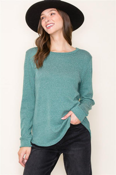 CHASING DREAMS CREW NECK TEXTURED LONG SLEEVE TOP IN GREEN-Tops-MODE-Couture-Boutique-Womens-Clothing