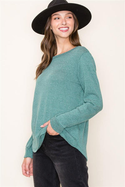 CHASING DREAMS CREW NECK TEXTURED LONG SLEEVE TOP IN GREEN-Tops-MODE-Couture-Boutique-Womens-Clothing