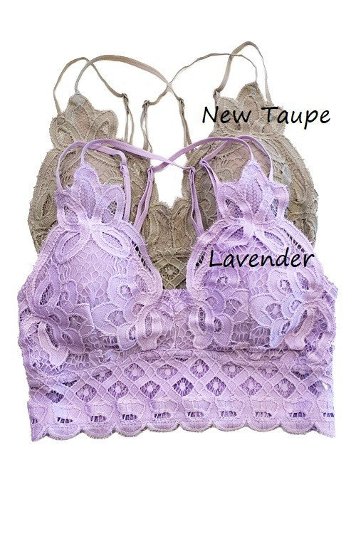 HEAD IN THE CLOUDS CROCHET LACE CRISS CROSS STRAP BRALETTE IN NEW TAUPE-BRALETTE-MODE-Couture-Boutique-Womens-Clothing