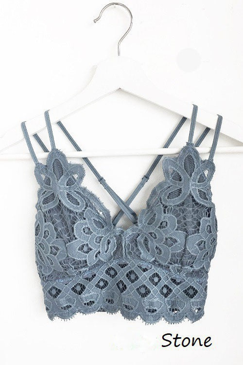 HEAD IN THE CLOUDS CROCHET LACE CRISS CROSS STRAP BRALETTE IN STONE-BRALETTE-MODE-Couture-Boutique-Womens-Clothing