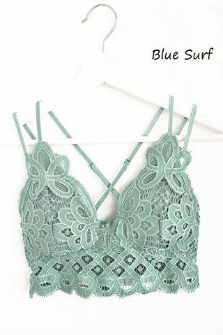HEAD IN THE CLOUDS CROCHET LACE CRISS CROSS STRAP BRALETTE IN BLUE SURF-BRALETTE-MODE-Couture-Boutique-Womens-Clothing