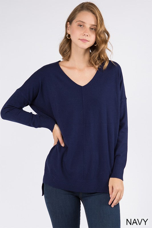 BROOKLYNN FRONT SEAM HI-LOW SWEATER IN NAVY-Sweaters-MODE-Couture-Boutique-Womens-Clothing
