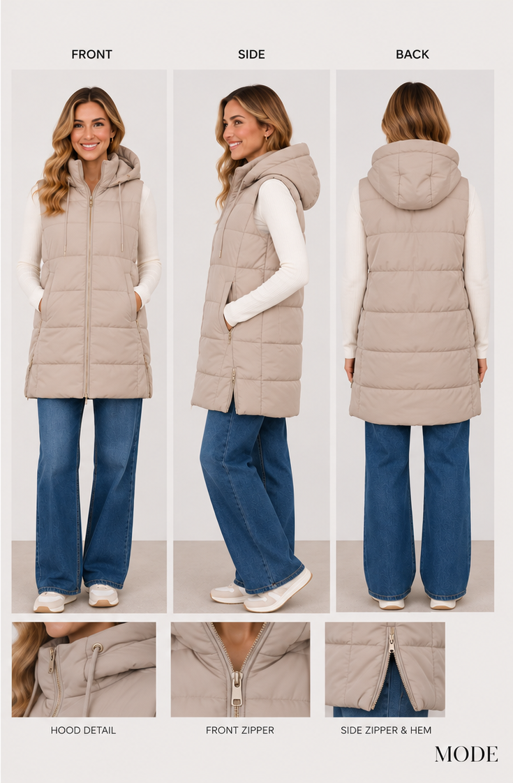 PUMPKIN SPICE & EVERYTHING NICE HOODED PUFFER VEST IN KHAKI