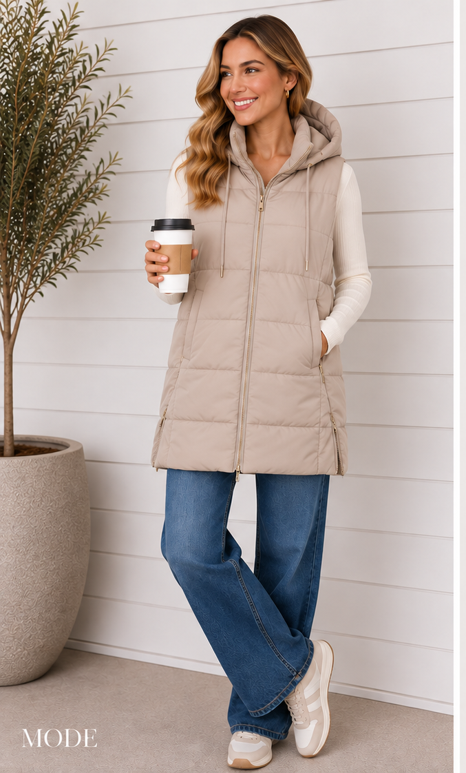 PUMPKIN SPICE & EVERYTHING NICE HOODED PUFFER VEST IN KHAKI
