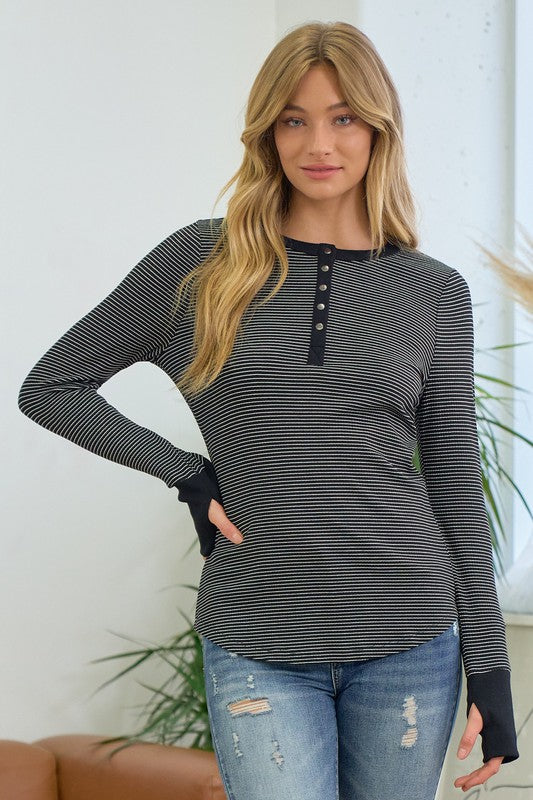 JACEY HENLEY STRIPE TOP IN BLACK COMBO-Tops-MODE-Couture-Boutique-Womens-Clothing