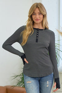 JACEY HENLEY STRIPE TOP IN BLACK COMBO-Tops-MODE-Couture-Boutique-Womens-Clothing