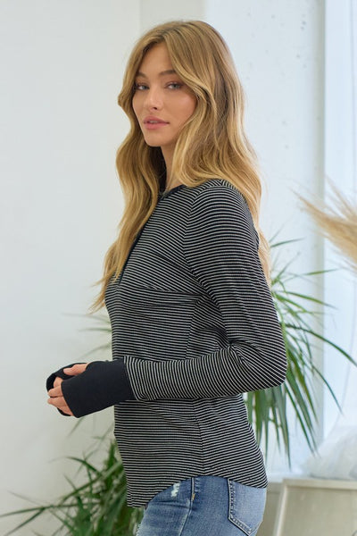 JACEY HENLEY STRIPE TOP IN BLACK COMBO-Tops-MODE-Couture-Boutique-Womens-Clothing
