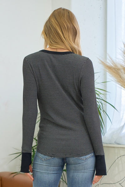 JACEY HENLEY STRIPE TOP IN BLACK COMBO-Tops-MODE-Couture-Boutique-Womens-Clothing