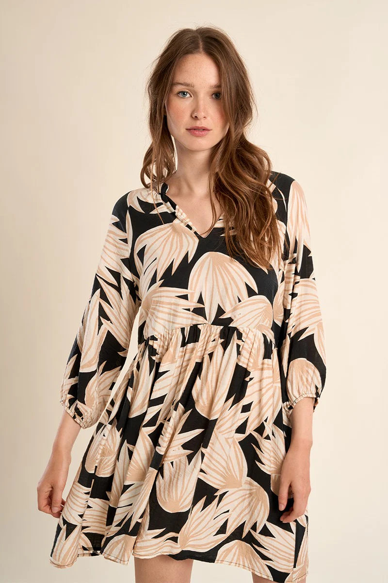 GOLDEN PALM BABYDOLL DRESS IN BLACK/BEIGE-DRESS-MODE-Couture-Boutique-Womens-Clothing