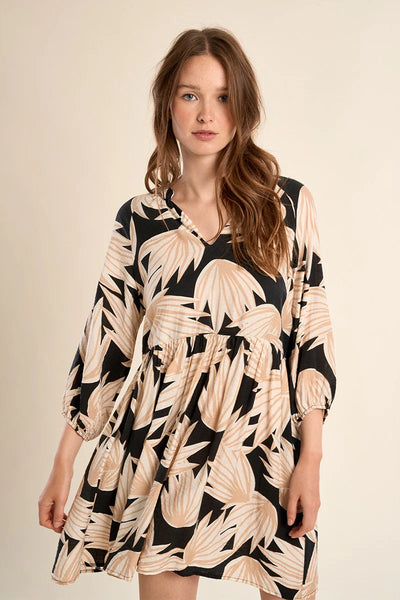 GOLDEN PALM BABYDOLL DRESS IN BLACK/BEIGE-DRESS-MODE-Couture-Boutique-Womens-Clothing
