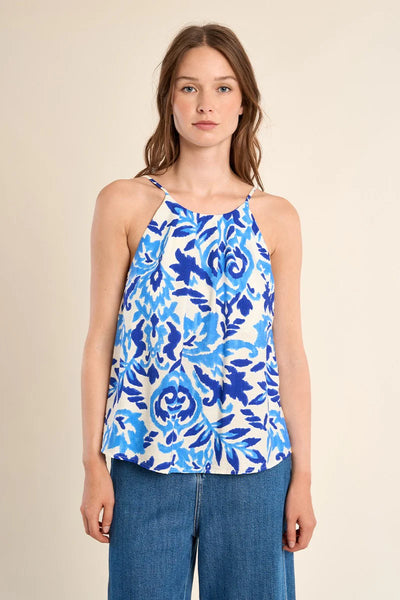VINO VIBES HALTER FLORAL TOP IN BLUE