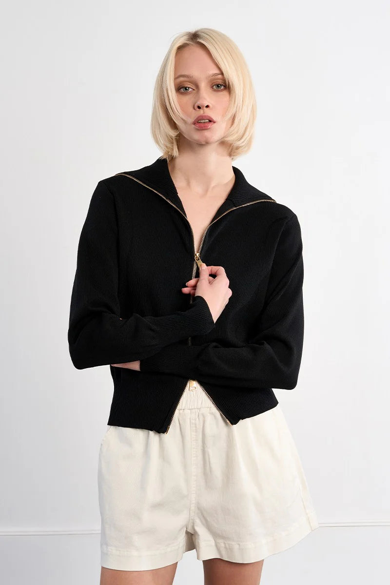 CITY EASE ZIP KNIT IN BLACK-CARDIGAN-MODE-Couture-Boutique-Womens-Clothing