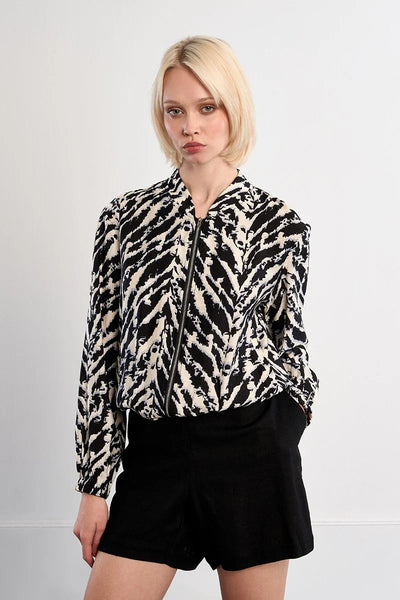 WILD INTENT FRONT ZIP BOMBER JACKET IN BLACK/CREAM-Jacket-MODE-Couture-Boutique-Womens-Clothing