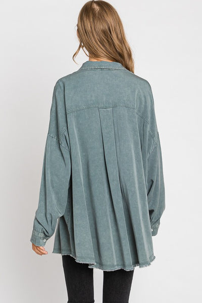 LORNA MINERAL WASH BUTTON DOWN SHIRT IN SAGE GREEN-Shirts & Tops-MODE-Couture-Boutique-Womens-Clothing