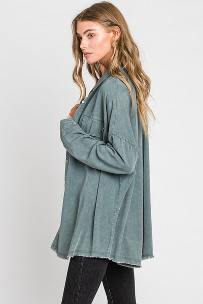 LORNA MINERAL WASH BUTTON DOWN SHIRT IN SAGE GREEN-Shirts & Tops-MODE-Couture-Boutique-Womens-Clothing