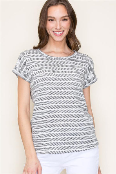 ZOEY ROUND NECK SHORT SLEEVE STRIPE KNIT TOP IN CHARCOAL-Tops-MODE-Couture-Boutique-Womens-Clothing