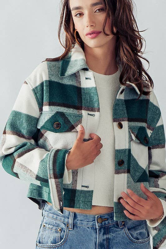 BONFIRE BABE SOFT PLAID PATTERN CROPPED JACKET IN GREEN-MODE-Couture-Boutique-Womens-Clothing